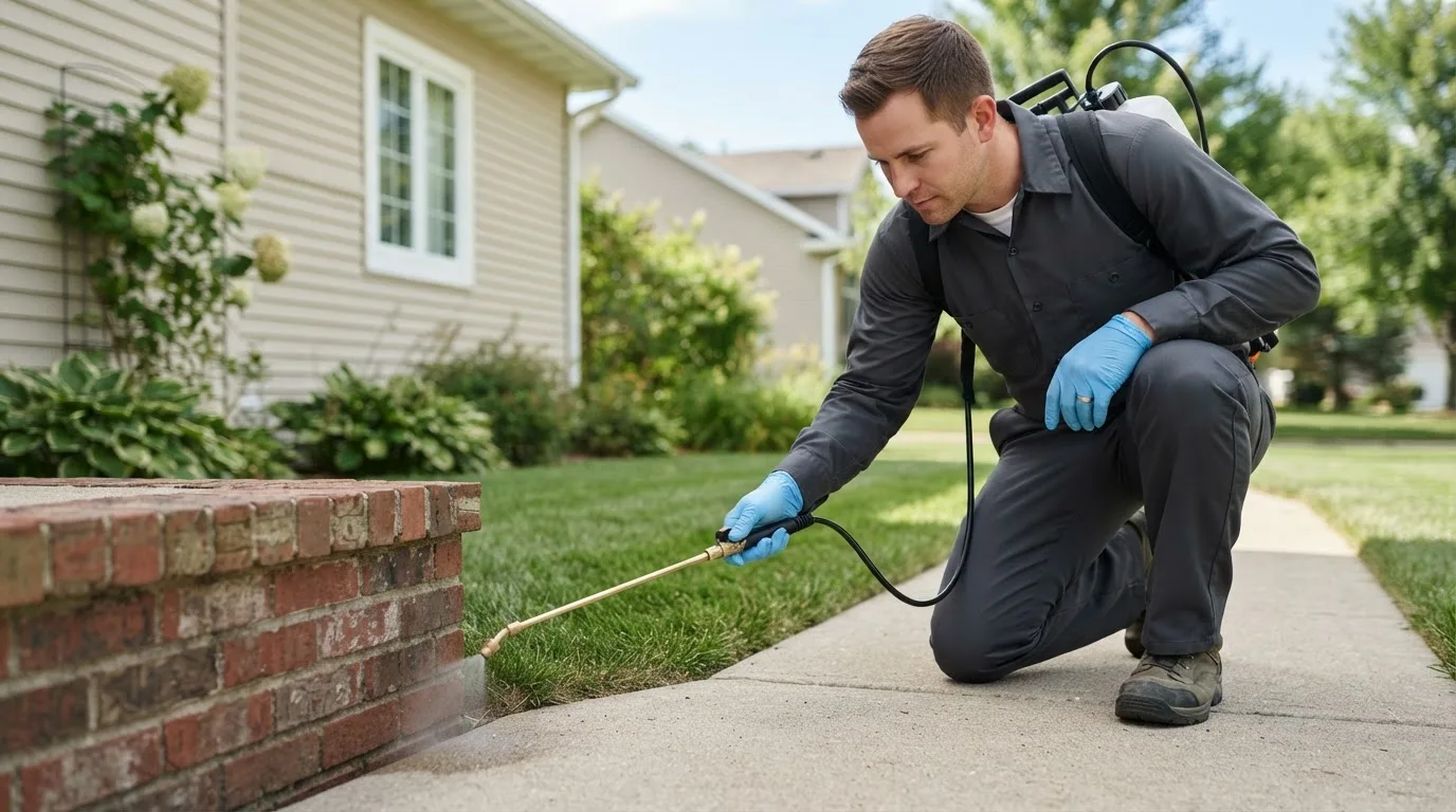 Pest control technician treating a home near Aurora, NE
