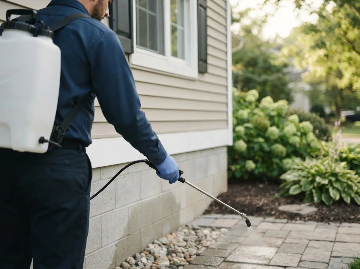 Pest control technician inspecting a home in Aurora, NE